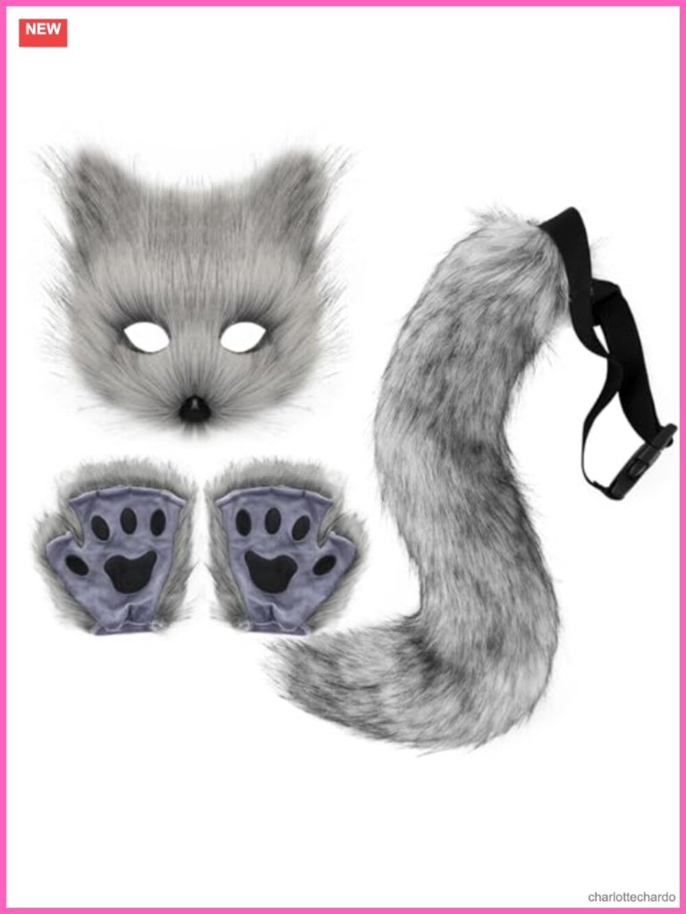Faux Fur Fox Tail Mask & Paw Gloves Costume Accessory Set
